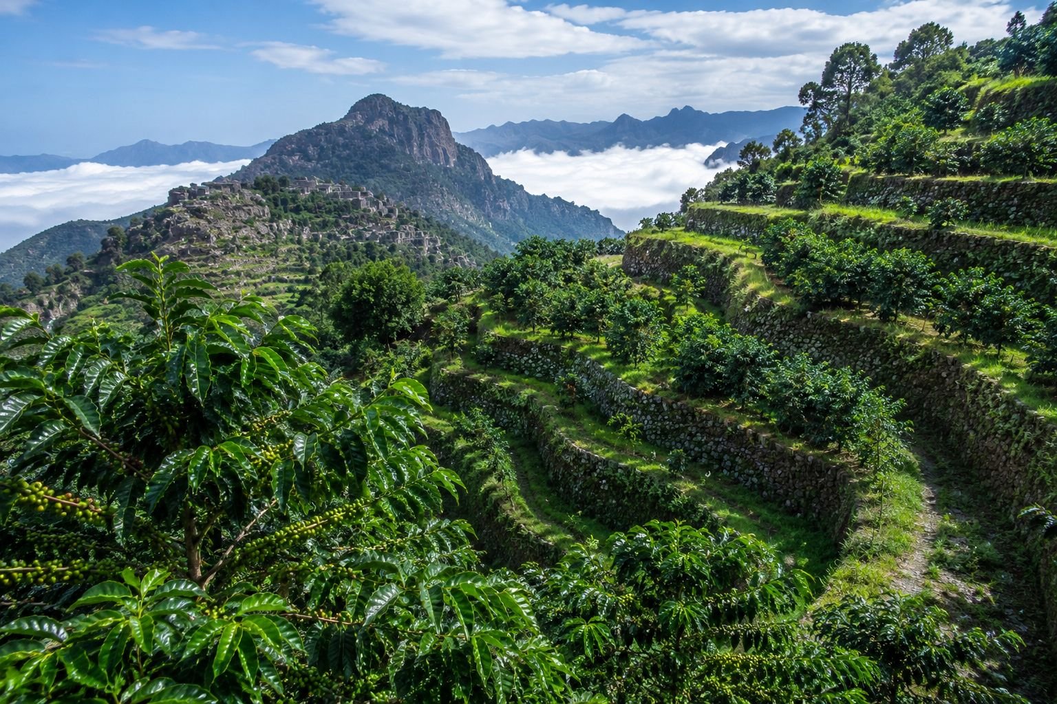Stone terraces in Yemeni coffee highlands